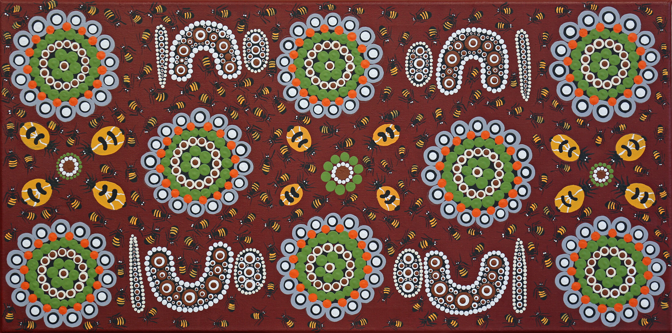 Gwen Gillen  Digging for Honey Ants at Watarrka, #10291-19  455 x 910 mm Acrylic on Linen   $450   Digging for Honey Ants at Kings Canyon [Watarrka]. This painting is about mother and daughter. Also grand-daughter joins in. Digging for Honey-Ants out at Kings Canyon [Watarrka].   ENQUIRE