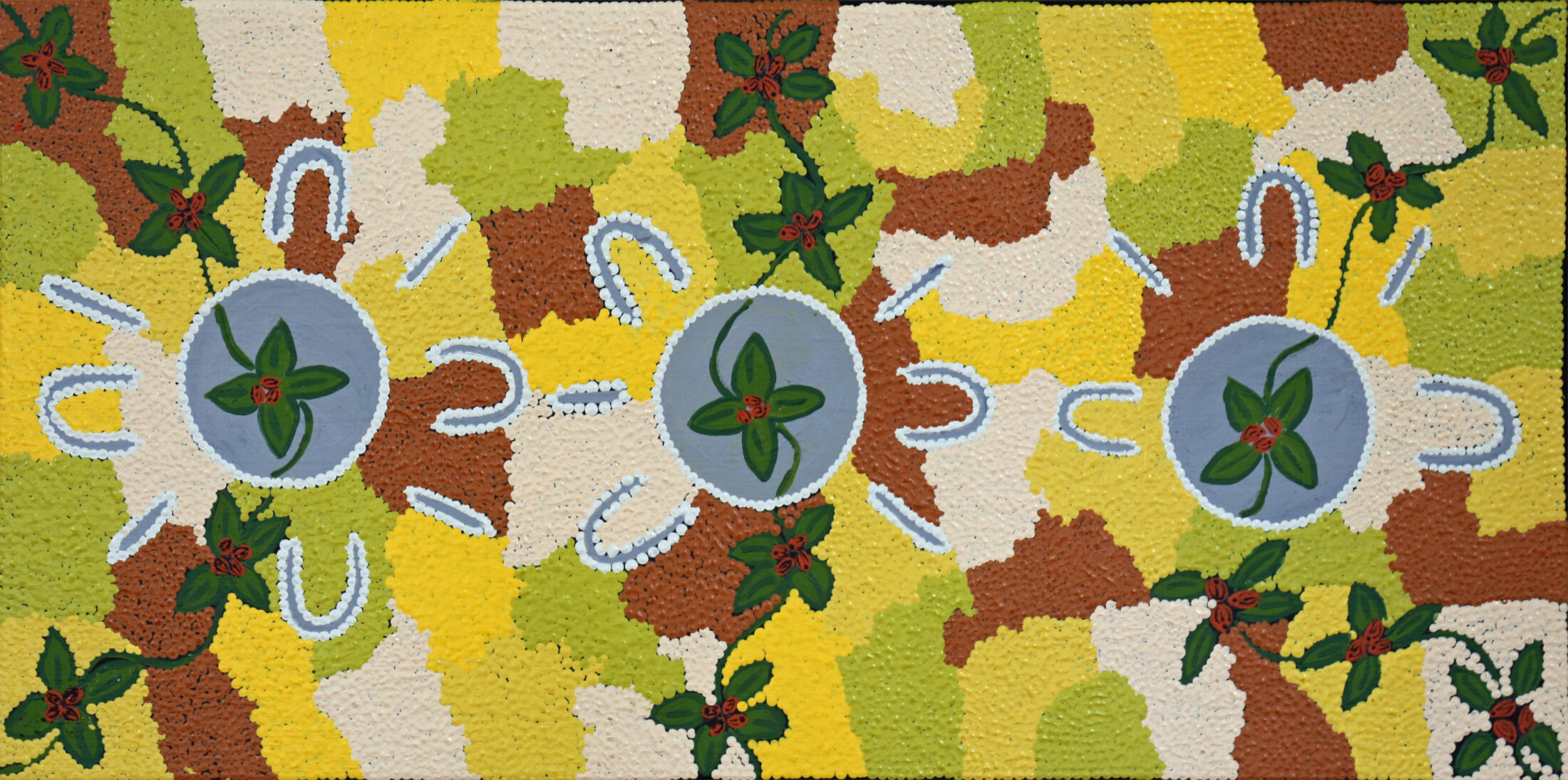 Marlene Wheeler   Women Collecting Bush Tucker , #9499-18  305 x 610 mm Acrylic on Linen   $220   Women talking about collecting bush tucker - where the best places are and the best times - All the women sit with their digging sticks around the hearth to talk about these aspects of collecting bush tucker.   ENQUIRE